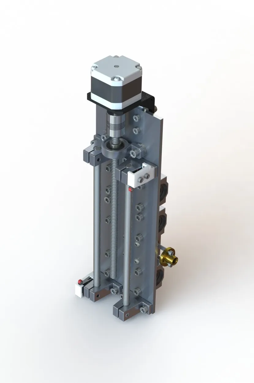X axis carriage plate — front face, shown without the Z axis carriage attached. The plate carries the Z axis linear rods, lead screw, and stepper motor, and slides on the X axis linear rods via bearing blocks. Drag chain and mounts hidden for clarity
