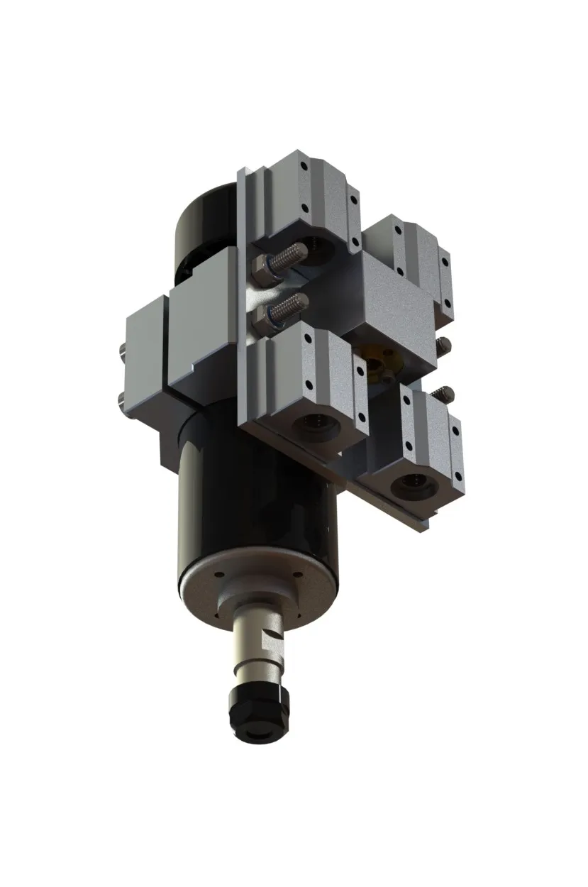 500W brushless ER11 spindle in the aluminium clamp — four rectangular blocks capture the 52mm body and bolt through to the carriage plate. ER11 collet visible at the bottom