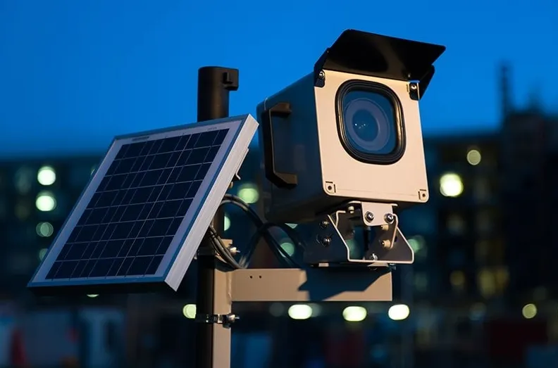 Mach II deployed in the field — pole-mounted with solar panel, shown at dusk